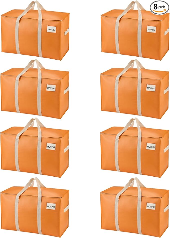 VENO 8 Pack Moving Bags, Heavy Duty, Moving Boxes Alternative, Packing Storage Supplies, Dorm Room Essentials with Zipper for Clothes, Extra Large Packaging Totes (Seasonal Autumn Orange, 8 Pack)