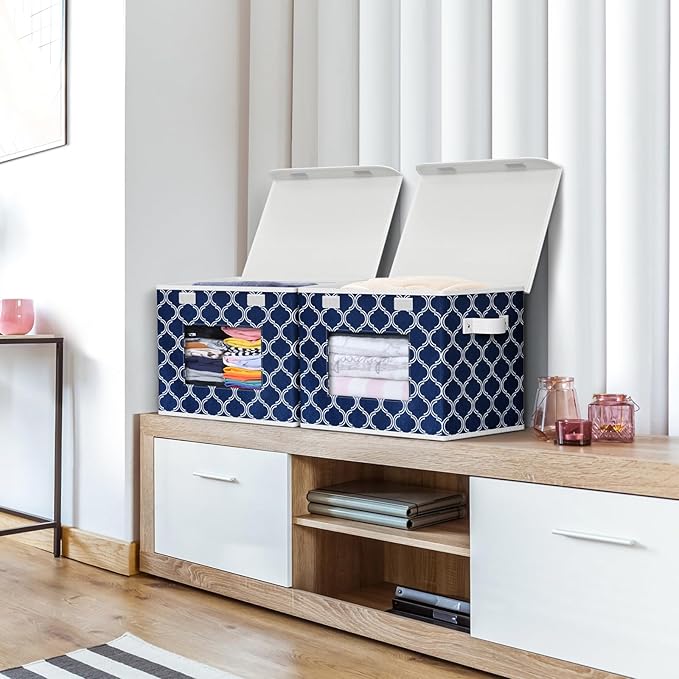 Univivi Fabric Foldable Storage Boxes [4-Pack] Large Collapsible Stackable Storage Bins with Lids, Closet Organizers and Storage Cube Basket for Home, Office, Bedroom (Blue Lantern, 17”x 12” x 12”)