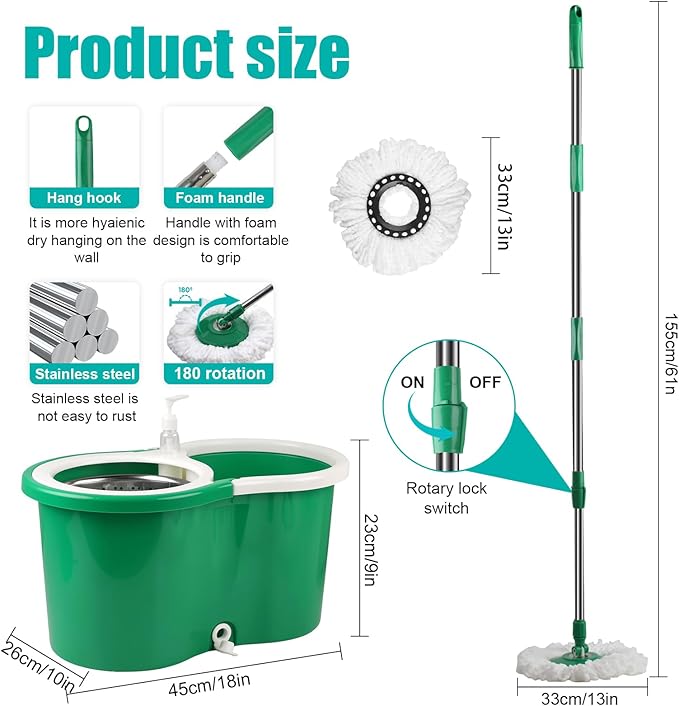 Spin Mop and Bucket with Wringer Set, 360° Spinning Mop Bucket System with 3 Microfiber Mop Replacement Heads and 61" Stainless Steel Adjustable Handle for Floor Cleaning (20QT)