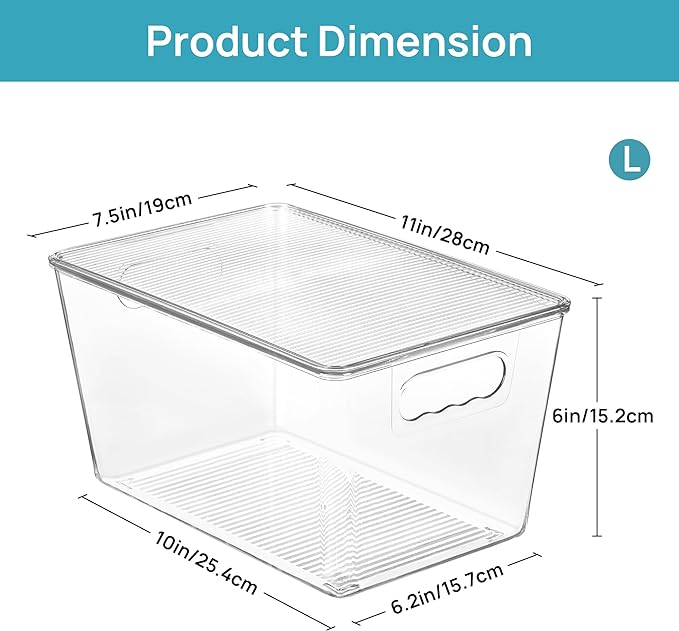 Vtopmart 4 Pack Clear Stackable Storage Bins with Lids, Large Plastic Containers with Handle for Pantry Organizer and Storage,Perfect for Kitchen,Fridge,Cabinet, Closet,Bathroom Organization
