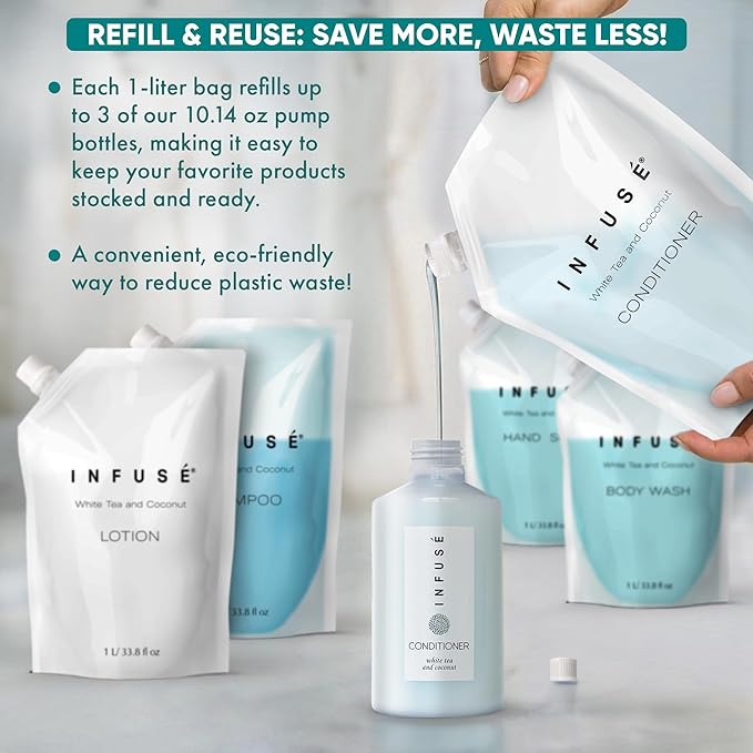 1 Liter Conditioner Refill Bag For Soap Dispensers | Bulk Toiletries for Vacation Rentals, and Home Bathroom Showers | White Tea and Coconut | Set of 12
