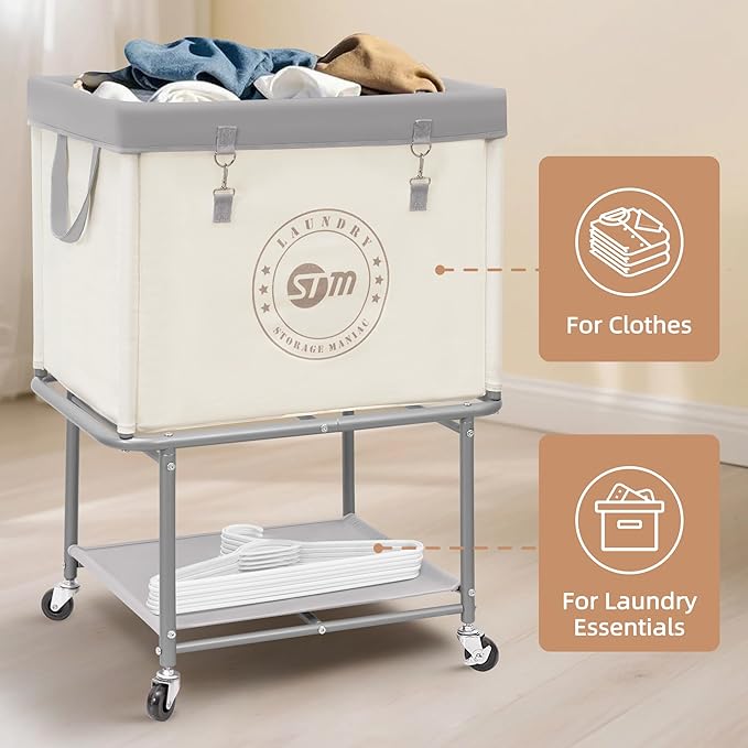STORAGE MANIAC Rolling Laundry Cart with Storage Shelf, Heavy Duty Industrial Laundry Basket with Wheels, Commercial Metal Frame Clothes Hamper with Canvas Bag for Dorm, Closet, Bedroom, Beige