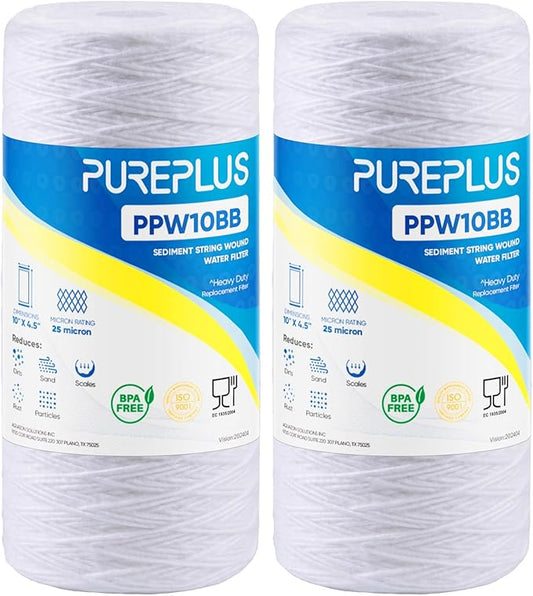 PUREPLUS 25 Micron 10 x 4.5 Whole House String Wound Sediment Filter for Well Water, Replacement Cartridge for 84637, WPX5BB97P, PC10, CW5-BBS, 355215-45, WP10BB97P, WP5BB97P, 2Pack