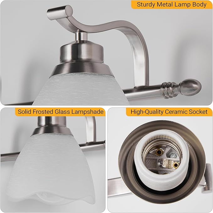 WJShome 19.5" Bathroom Light Fixtures, 3-Light Vanity Lights with Frosted Glass Shades, Brushed Nickel Wall Sconces, for Mirror Bedroom Hallway Cabinet