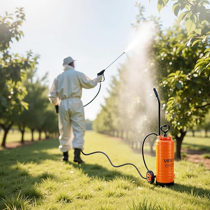 VEVOR Industrial Concrete Sprayer with Wheeled Cart, 3.5 Gallon Stainless Steel Sprayer, Heavy Duty Tri-Poxy Pump Sprayers, 20.5"Wand, 48" & 120"Hoses, 2 Brass Nozzles for Construction, Lawn & Garden