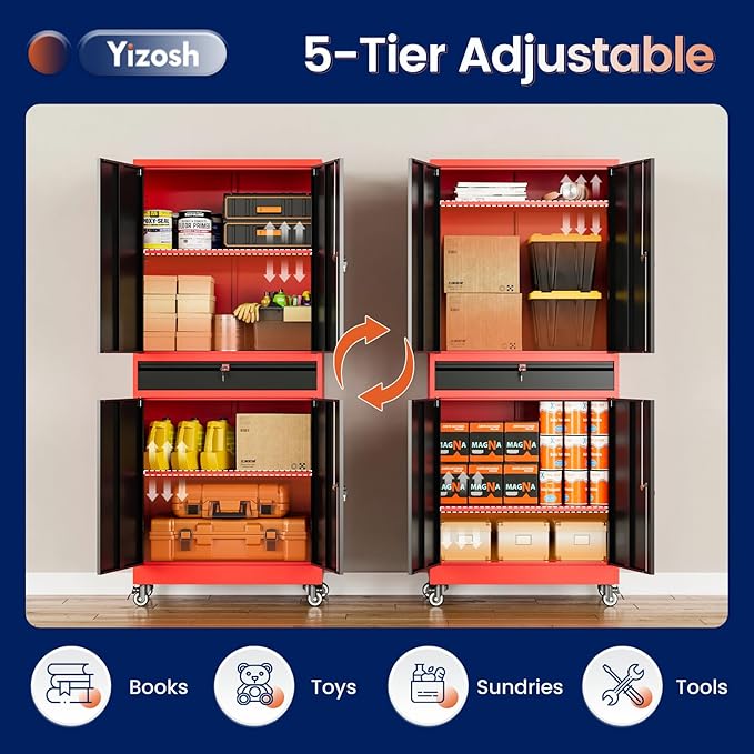 Yizosh Metal Garage Storage Cabinet with Locking Doors and Adjustable Shelves,- 73" Rolling Tool Storage Cabinet with 4 Wheels and 1 Drawer for Garage,Warehouse (Red Black)