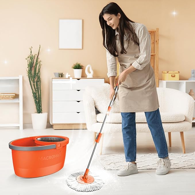 Macromax Faster Spin Mop and Bucket Set with 4 Refill– 360° Rotating Microfiber Mop with Smart Drying System – Adjustable Dampness – Ergonomic Handle – Multi-Surface Floor Cleaning Tool