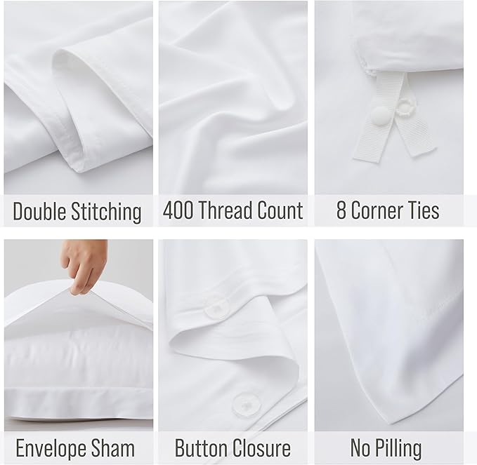 Bella Coterie Luxury Bamboo Viscose Queen Size Duvet Cover Set | 100% Organically Grown | Corner Ties | Ultra Soft | Cooling | Two Pillow Shams | 90 x 94 | No Insert [White]