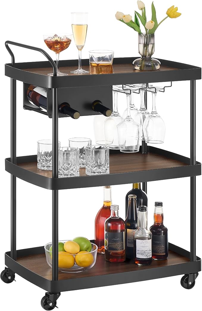 SONGMICS HOME Bar Cart, Home Bar Serving Cart with 3-Tier Shelf, Flexible Wine Bottle Rack and Glass Holder, Drink Beverage Cart, Microwave Cart, Kitchen, Natural Walnut and Ink Black ULRC291B01