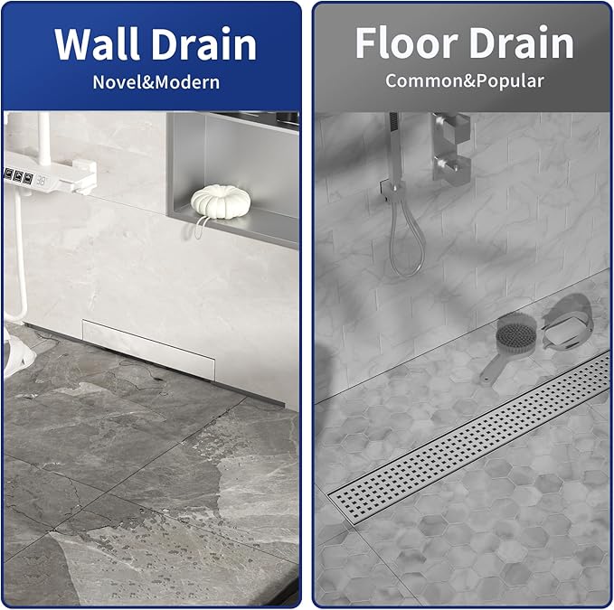 Linear Wall Drain 24’’, 304 Stainless Steel Side Drain w/Tiled Grate & Hair Strainer, Brushed Tiled Shower Drain for Bathroom, CUPC Certified
