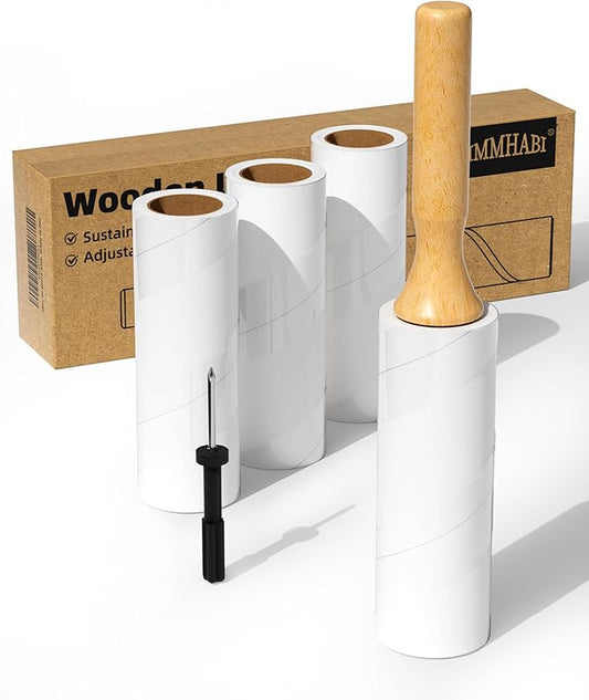 Lint Roller with Wooden Handle- 6.3 Inch Refills, 4 Rolls x 100 Sheets with Adjustable Tool | Pet Hair Remover for Furniture, Clothing | Ergonomic Grip, Durable Design
