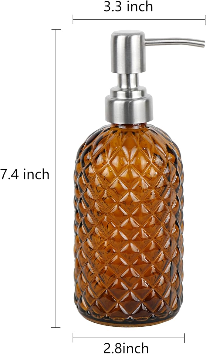 16 oz Diamond Pattern Glass Soap Dispenser, Kitchen and Bathroom Refillable Soap Dispenser with Rust Resistant Stainless Steel Pump for Hand Soap, Lotion Glass Liquid Dispenser(Amber)