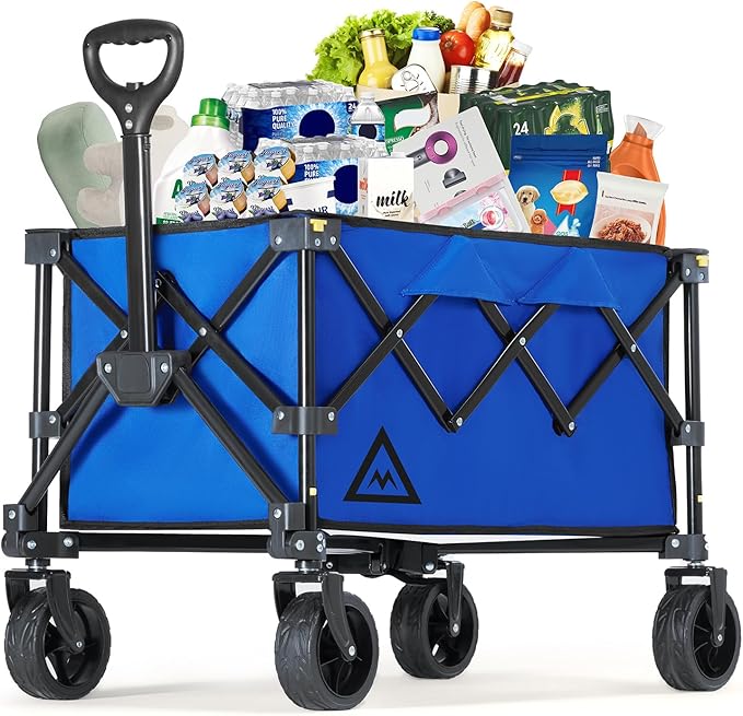 Wagon Cart Shopping Foldable Folding Collapsible with Wheels Big On Beach Garden Outdoor Grocery Heavy Duty Utility All Terrain Portable Wagons Carts for Groceries Sand Camping Sports Blue