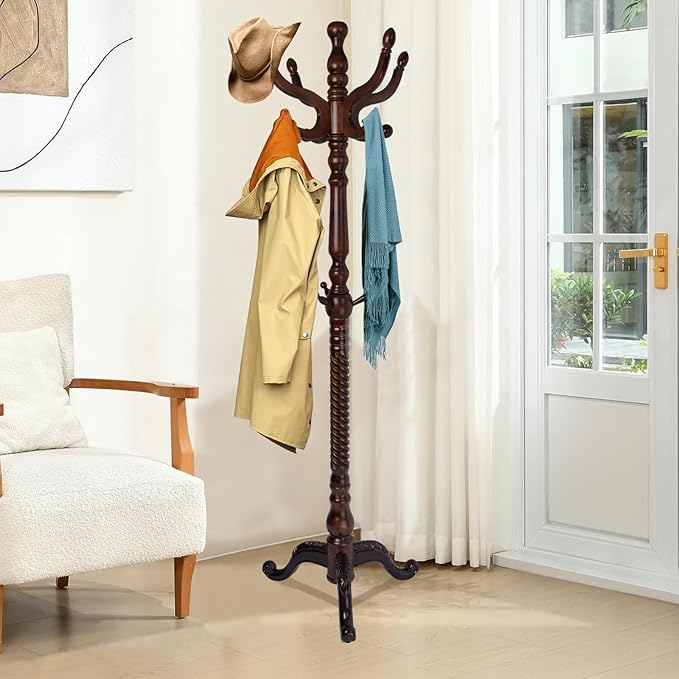 Wood Coat Rack Freestanding, Natural Coats Tree Stand with 14 Hooks, 73" Sturdy and Easy Assembly Coat Rack Stand for Entryway, Hallway, Bedroom, Bags, Hats (Tri-legged Base, Cherry Color)