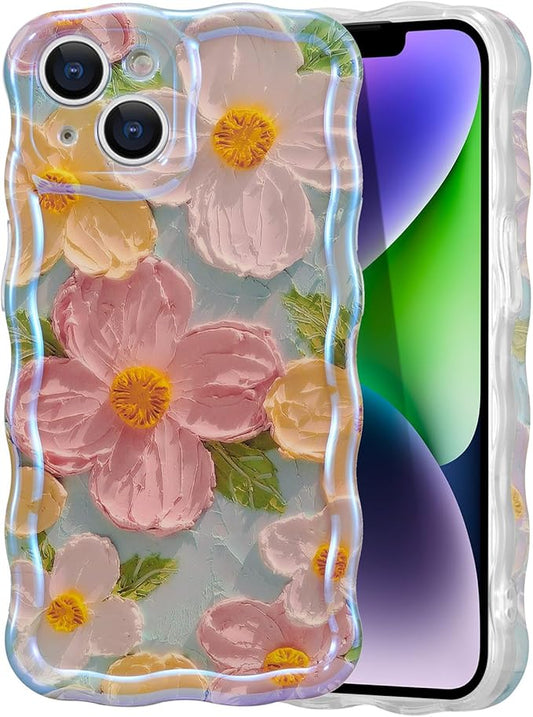 EYZUTAK Case for iPhone 14 Plus/iPhone 15 Plus, Colorful Retro Oil Painting Flower Laser Glossy Cute Curly Wave Edge Exquisite Phone Cover Stylish Durable TPU Protective Case for Girl Women - Green