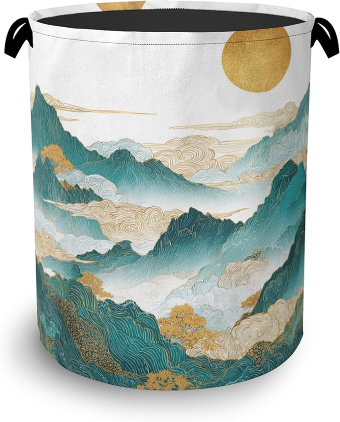 Abstract Mountains Laundry Basket,Golden Sun Foldable with Handles Tote Bag Oxford Cloth for Bathroom Bedroom Dirty Clothes Storage Bucket 16" x 20.8"