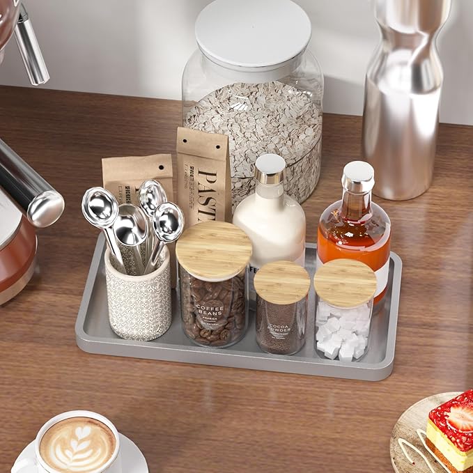 Weenson Bathroom Vanity Tray for Perfume Makeup Jewelry Decor Candle, Bamboo Kitchen Tray for Soap Dispenser Spice, Coffee, Toilet Tank Tray Nightstand Silver 11.81”L x 6.1”W x 0.79”H