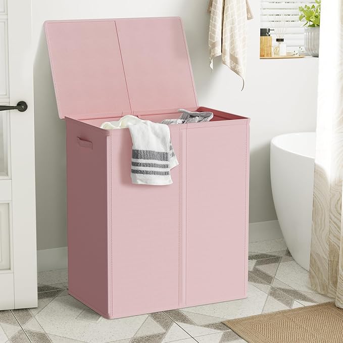 WOWLIVE 154L Double Laundry Hamper with Lid and Removable Laundry Bags, Large Dirty Clothes Hamper 2 section Collapsible Laundry Basket Dorm Room Storage for Bedroom, Bathroom, College,Pink