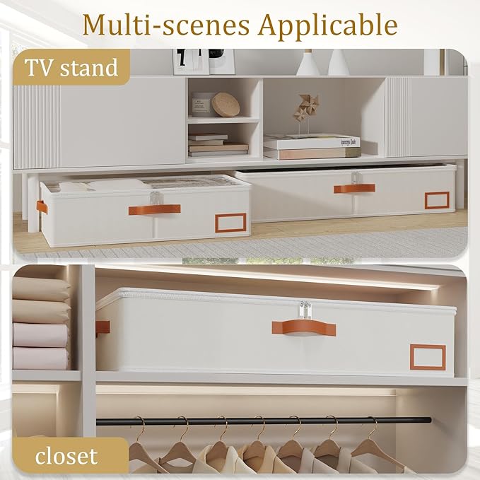 Yawinhe Under Bed Storage Containers, 4 Pack, Bin with Lids, Collapsible Closet Organizers, with Sorting Card Slot and 4 Leather Handles, for Blanket, Bedding, 31.5''Lx15.7''Wx6''H, Beige