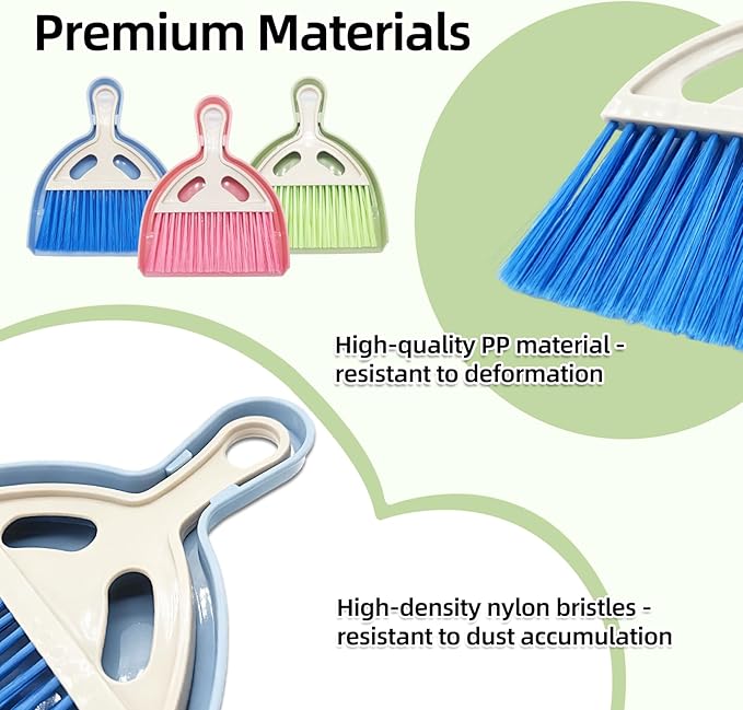 6Pcs Small Dust Pan and Brush Set with Cleaning Cloth - Blue & Green & Pink Brooms, Mini Hand Broom and Dustpan Set Whisk Dustpan Brush Kid Broom for Table Desk Car Keyboard