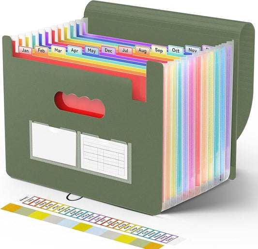 Sooez Accordion File Organizer, 13 Pockets Expanding File Folder, Portable Monthly Paper Bill Tax Receipt Organizer, Letter A4 Size Document Holder with Blank Labels