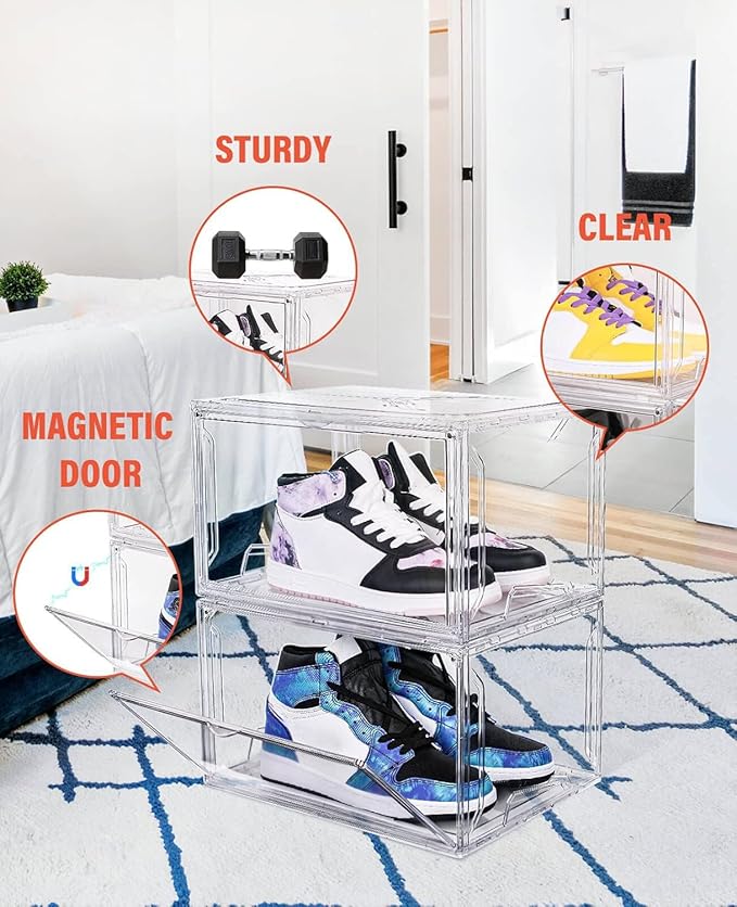 KDOR Clear Plastic Shoe box Organizer, 3 Pack Stackable Sneaker Boxes, Transparent Display Case with Magnetic lid, Tidy Home & Office Closet Storage