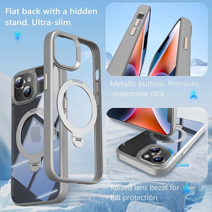 360° Spin Invisible Magnetic Stand for iPhone 14 Case [Military Grade Shockproof] [Compatible with MagSafe] Slim Translucent Matte Phone Case for iPhone 14 (6.1"), Gray