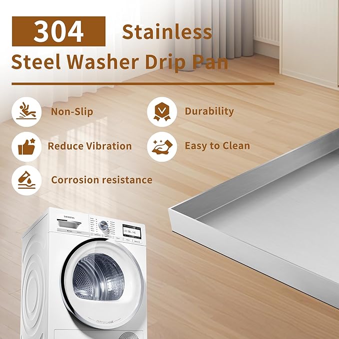Washing Machine Drain Pan - 27" x 25" x 2.5" - 304 Stainless Steel Heavy Duty Washing Machine Tray No Hole