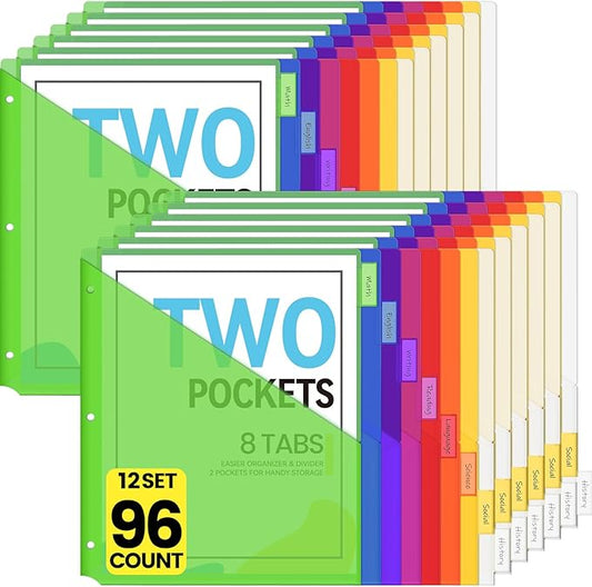 Sooez 96 Count Dividers with Pockets, 8 Tabs Binder Dividers for 3 Ring Binders, Binder Dividers with tabs, Binder Divider with Pockets for US Letter Size, Insertable Big Tabs, Multicolor, Set of 12