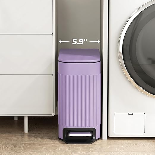 TrashAid Slim Bathroom Trash Can with Lid Soft Close, 6 Liter/1.6 Gallon Stainless Steel Small Garbage Can with Removable Inner Bucket, Step Pedal, Slim Wastebasket for Toilet, Office, Bedroom, Purple