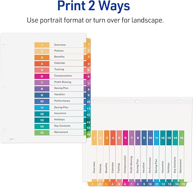 Avery Dividers for 3 Ring Binders, 15 Tabs per Set, Customizable Table of Contents, Multicolor Tabs, Great for Organizing Reports, Projects, and More (3 Sets of 11074)