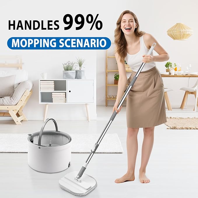Spin Mop and Bucket with Wringer Set, 360° Spinning Mop Bucket with Separate Dirty and Clean Water System with 3 Microfiber Mop Pads and 52" Stainless Steel Adjustable Handle for Floor Wall Cleaning