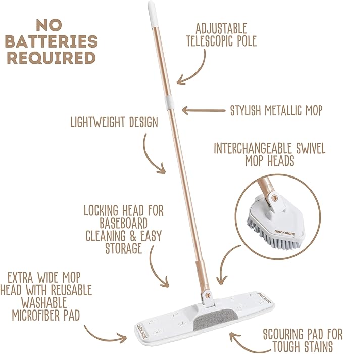 Quick Shine Ultimate Gold Clean + Polish Mop Kit | All-in-One 11 Pc Kit w/Interchangeable Attachments | Cleaner & Polish Included | No Batteries Needed | All Floors Pro Cleaning System | 2-in-1 Mop