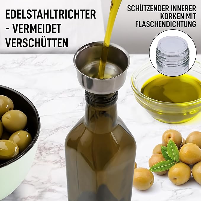 Zulay Kitchen Olive Oil Dispenser Bottle – 17oz Glass Oil Container with Spout, Funnel & Pourer – Dark Brown