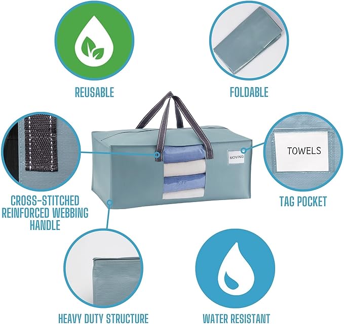 VENO 6 Pack Moving Bags for College, Heavy-Duty Storage Totes, Moving Boxes and Wardrobe Packing Supplies Alternative - Extra Large Durable Laundry Bags for Clothes (Light Blue Matte, 6 Pack)