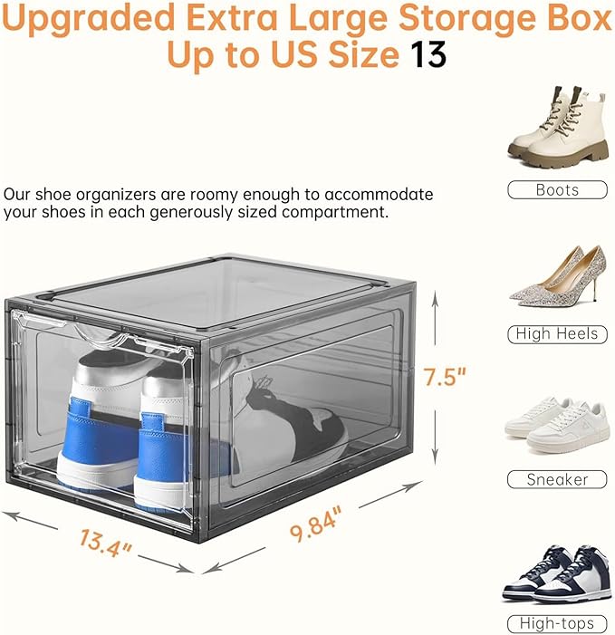 Clemate Upgraded X-Large Shoe Storage Box,12 Pack,Shoe Box Clear Plastic Stackable,Drop Front Shoe Box with Clear Door,Shoe Organizer Containers For Sneaker Display,Fit up to US Size13, Ashy