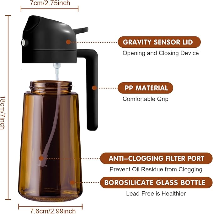 YARRAMATE 2PCS 16oz/470ml Oil Sprayer for Cooking with Stickers, Food-Grade 2 in 1 Olive Oil Dispenser Bottle for Kitchen, Premium Dark AmberGlass Oil Bottle for Air Fryer, BBQ (Black & White)