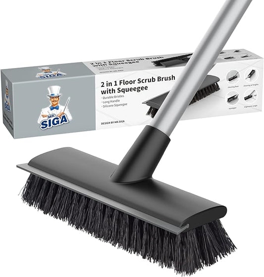 MR.SIGA Floor Scrub Brush with Long Handle, 2 in 1 Scrubber and Squeegee for Cleaning Bathroom, Patio, Garage, Wall, Tile with Stiff Bristles