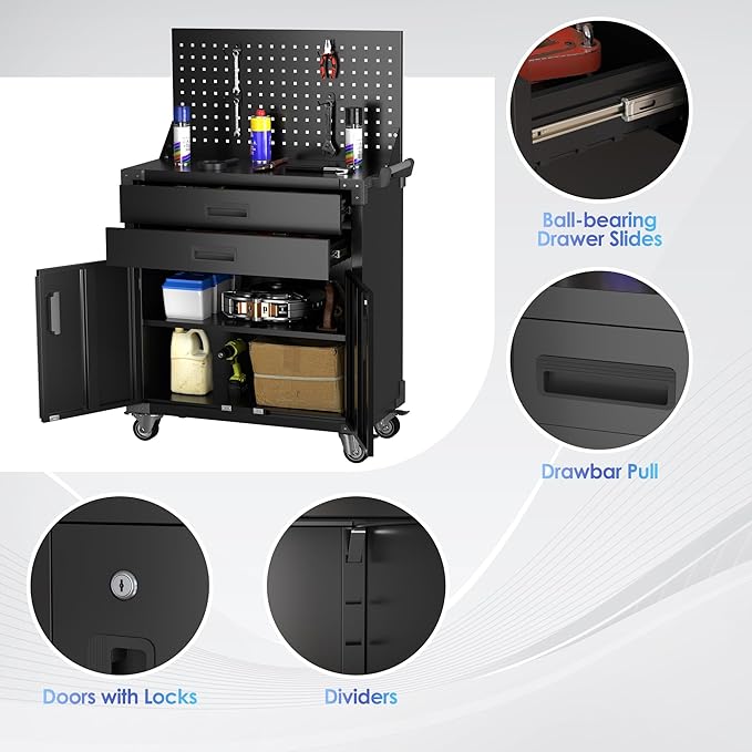 SUXXAN Black Tool Cart with Pegboard and 4 Hooks,Garage Storage Cabinet on Wheels with 2 Drawer,Industrial Service Utility Tool Cart for Mechanics, Garage, Workshop