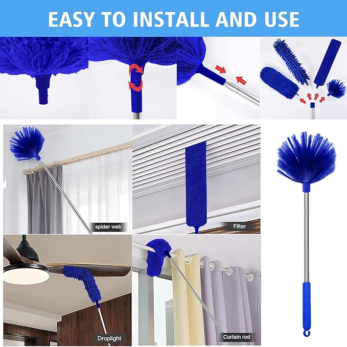 Dusters for Cleaning,Microfiber Feather Duster 5-in-1 Kit, Duster with Extension Pole 100 Inches, Cobweb Duster, Microfiber Dusters for High Ceilings and Fans, Blinds and Cars