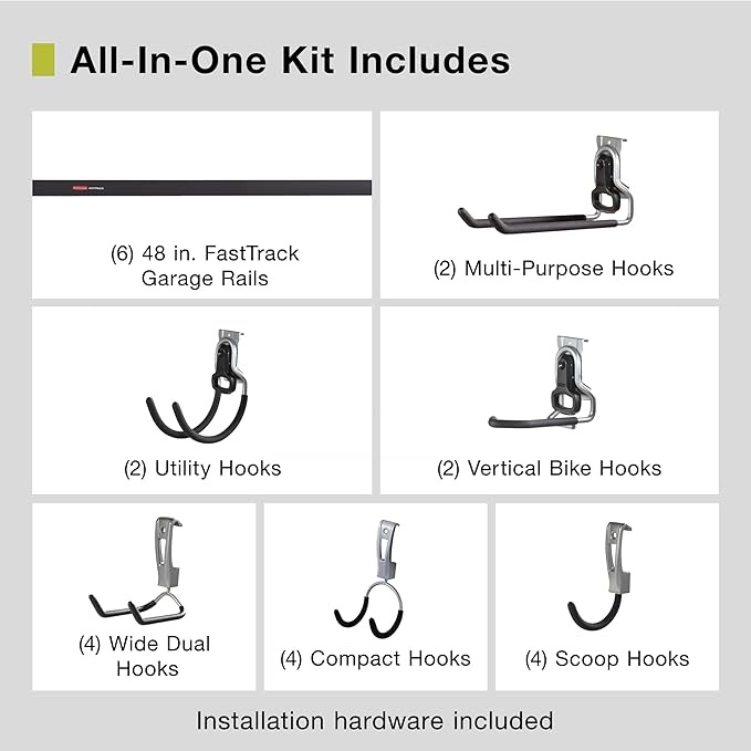 Rubbermaid 24-Piece FastTrack Garage Wall-Mounted Storage Kit, 6 Rails and 18 Hooks, Black, for Home/House/Tool/Sports/Equipment/Utility Purposes