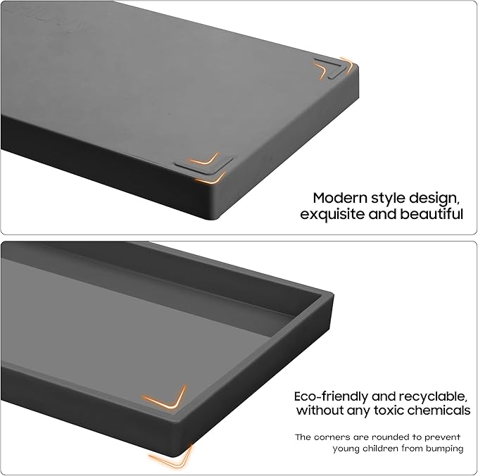 Vanity and Bathroom Tray, 9.8" ABS Countertop Organizer,Waterproof Vanity Tray for Toilet Tank,Perfume,Soap,Keys,Bathroom Accessories,Kitchen and Bath Trays,Non Slip Small Trays,Black,2 Pack