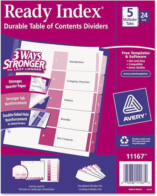 Avery Dividers for 3 Ring Binders, 5 Tabs per Set, Customizable Table of Contents, Multicolor Tabs, Great for Organizing High-Volume Reports, Projects, and More (24 Sets of 11167)