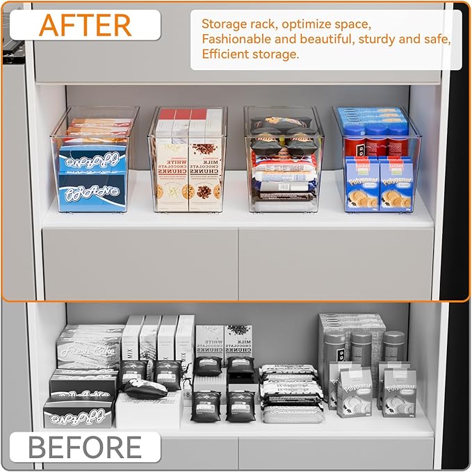 Yieach 4 Pack Stackable Clear Organizer Bins With Lids & Handle,11.1″ Deep Plastic Hall Closet Storage Bins for Pantry,Refrigerator and Cabinets,Acrylic Container for Organizing Toy,Snacks Organizer