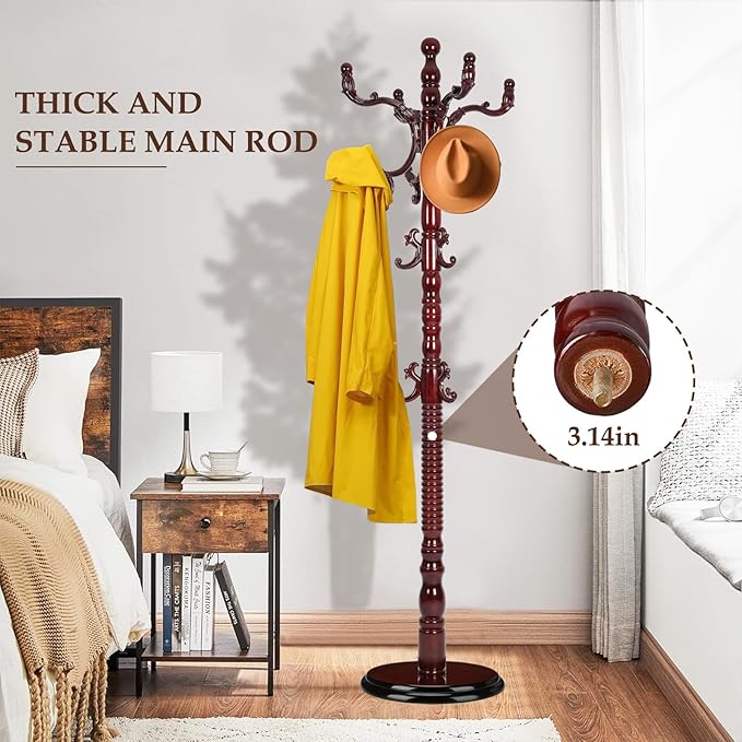 Wood Coat Rack Freestanding, Natural Coats Tree Stand with 14 Hooks, 73" Sturdy and Easy Assembly Coat Rack Stand for Entryway, Hallway, Bedroom, Bags, Hats (Heavy-duty Disc Base, Rosewood)