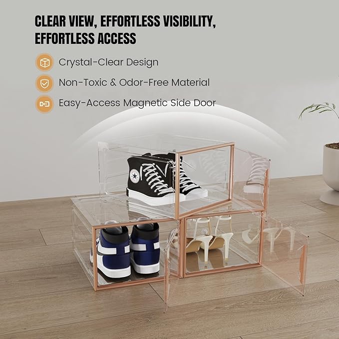 X-Large Stackable Shoe Boxes - Clear Plastic Shoe Storage Boxes with Magnetic Door, Thicken Shoe Organizer for Closet, Space Saving Foldable Shoe Containers Bins for Sneaker Boot - 8 Pack(Brown)