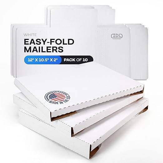 White Mailing Boxes 12"x10.5"x2", Pack of 10, USA-Made - Strong, Easy to Fold Cardboard Boxes for Secure Storage, Shipping and Moving - Water-Resistant and Snug Fit Cardboard Mailers by IDL Packaging