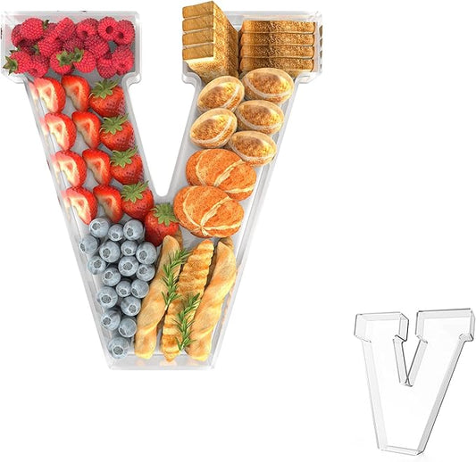 11" Acrylic Letter Charcuterie Tray, Charcuterie Letters Fillable Box for Food, Reusable Serving Cake Candy Dish Display Tray for Birthday Anniversary Party Decoration (Letter V)