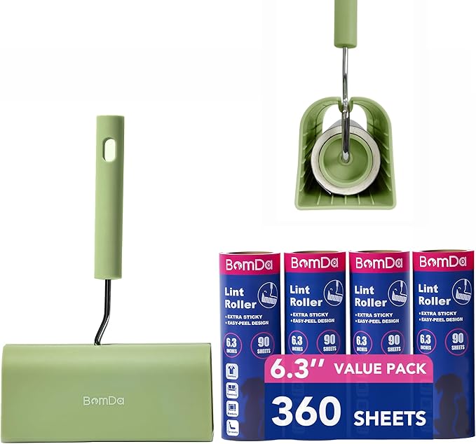 Extra Sticky Large Surface Lint Roller, 6.3'' Giant Lint Roller for Pet Hair, 360 Sheets/ 4 Refills, Long Handle Lint Remover for Clothes, Furniture (1 Roller + 360 Sheets)