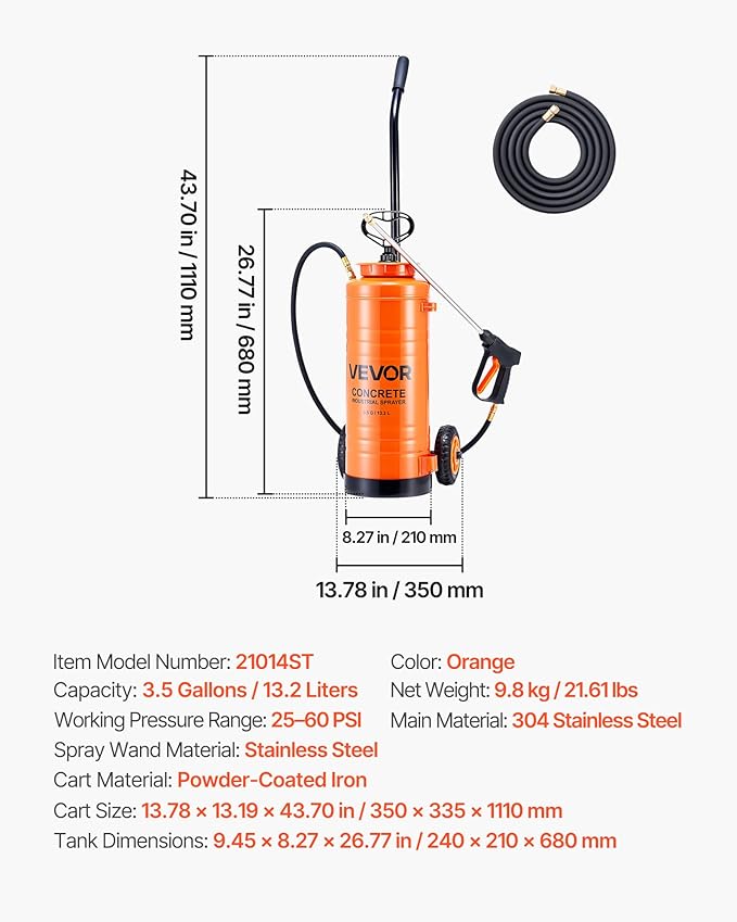 VEVOR Industrial Concrete Sprayer with Wheeled Cart, 3.5 Gallon Stainless Steel Sprayer, Heavy Duty Tri-Poxy Pump Sprayers, 20.5"Wand, 48" & 120"Hoses, 2 Brass Nozzles for Construction, Lawn & Garden
